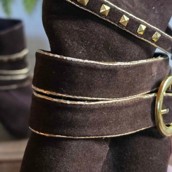 Size 8.5 De Blossom Collection Brown Gold Buckle Ankle Booties High Heels Shoes - Picture 6 of 16